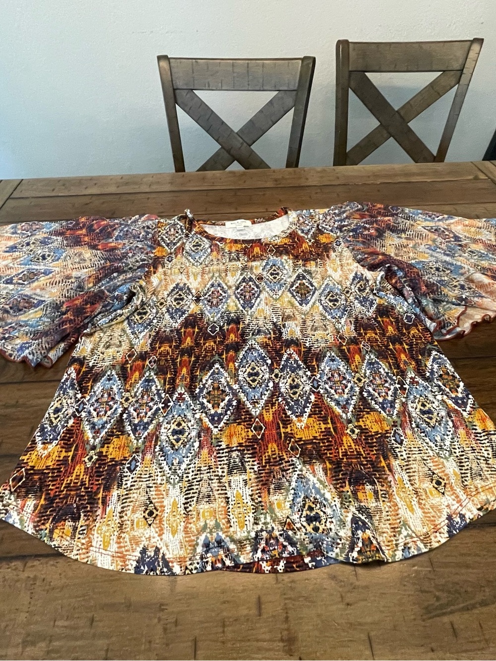 Kim & Cami Multicolor Aztec-Style Short Sleeve Blouse - Rust, Blue, Cream